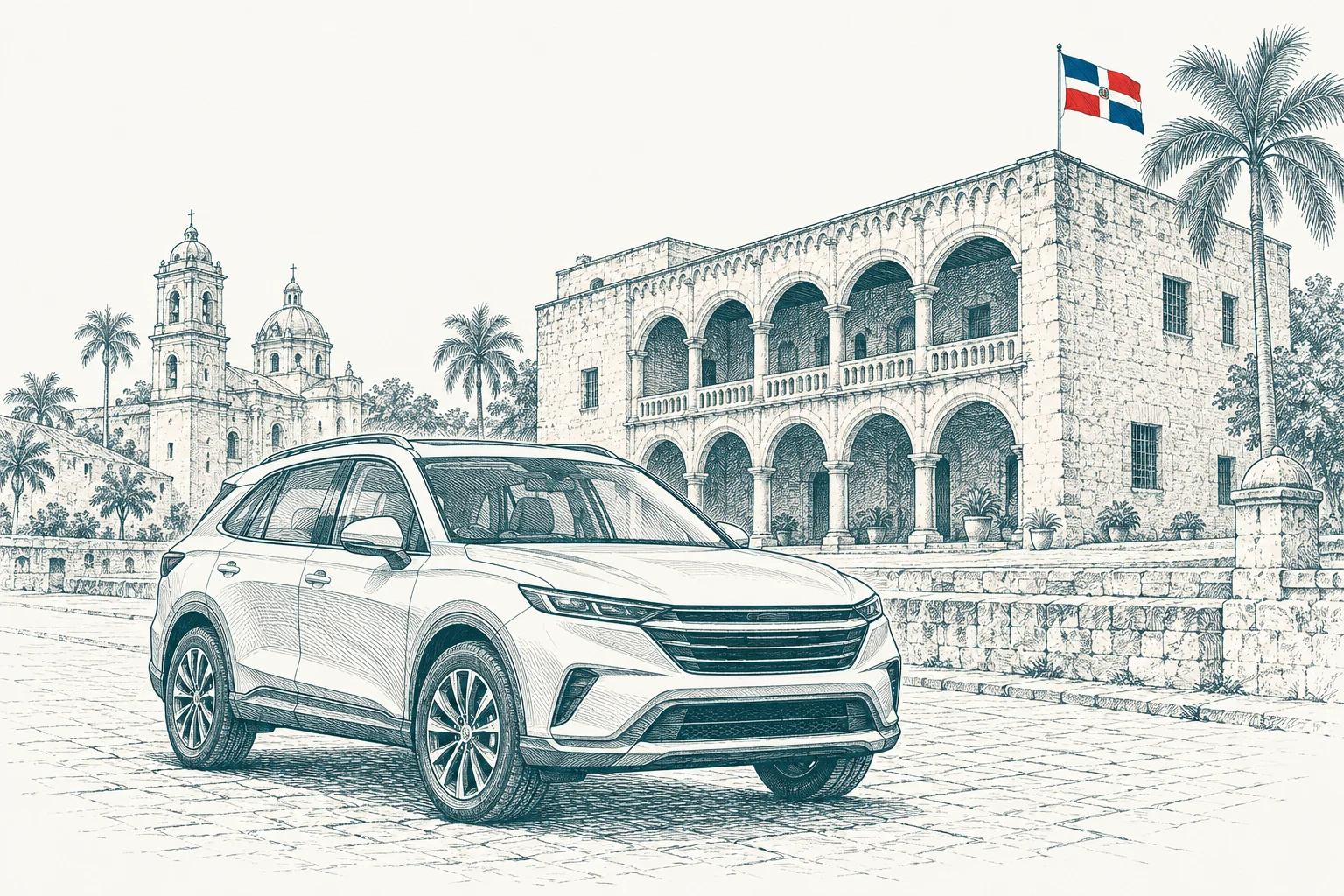 Ilustración de un vehículo frente a la arquitectura de la Zona Colonial de Santo Domingo y la bandera dominicana.